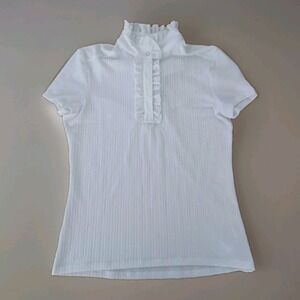 FITS Riding Womens White Ruffle Neck Short Sleeve Equestrian Show Shirt L NEW
